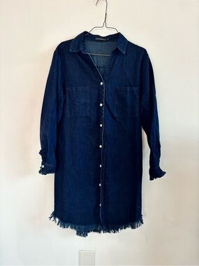 Casual Distressed Denim Shirt Dress Fraying Detail- Dark Blue- Size Medium